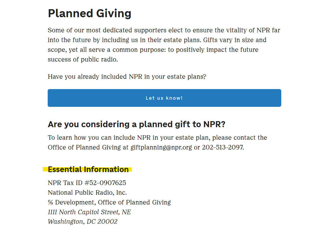 NPR legal name and EIN example for planned gifts