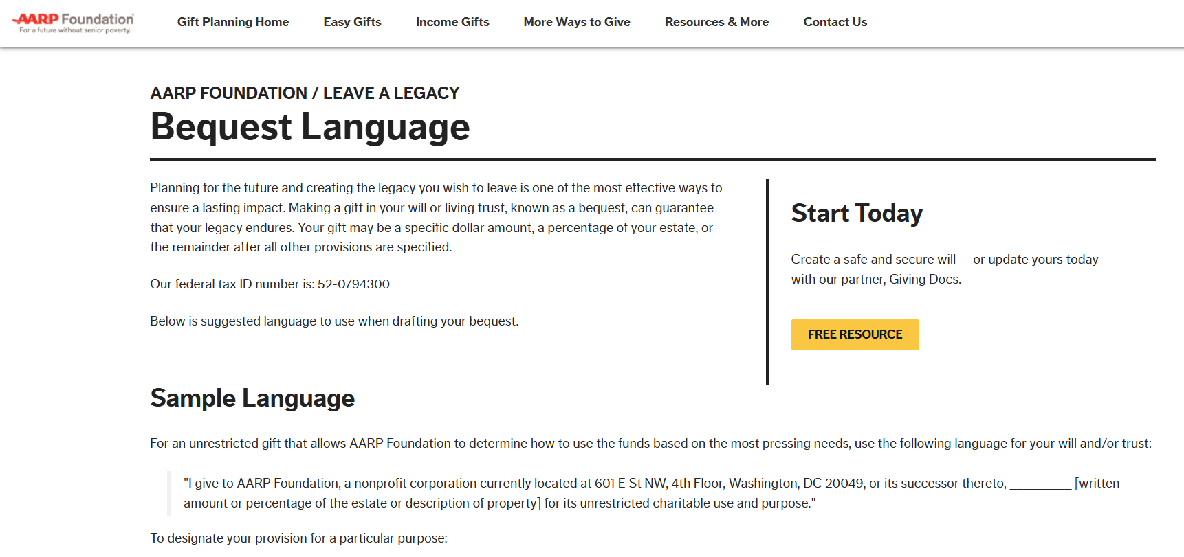 AARP Foundation webpage titled “Bequest Language,” with sample wording and a “Start Today” will-planning sidebar.