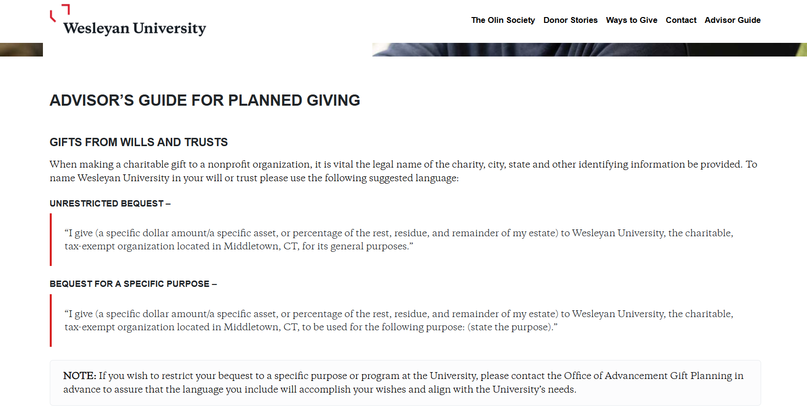 Wesleyan University's advisor language for legacy gifts