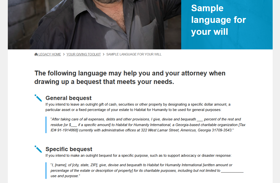 Webpage titled “Sample language for your will” with general and specific bequest examples and blue tool icons.