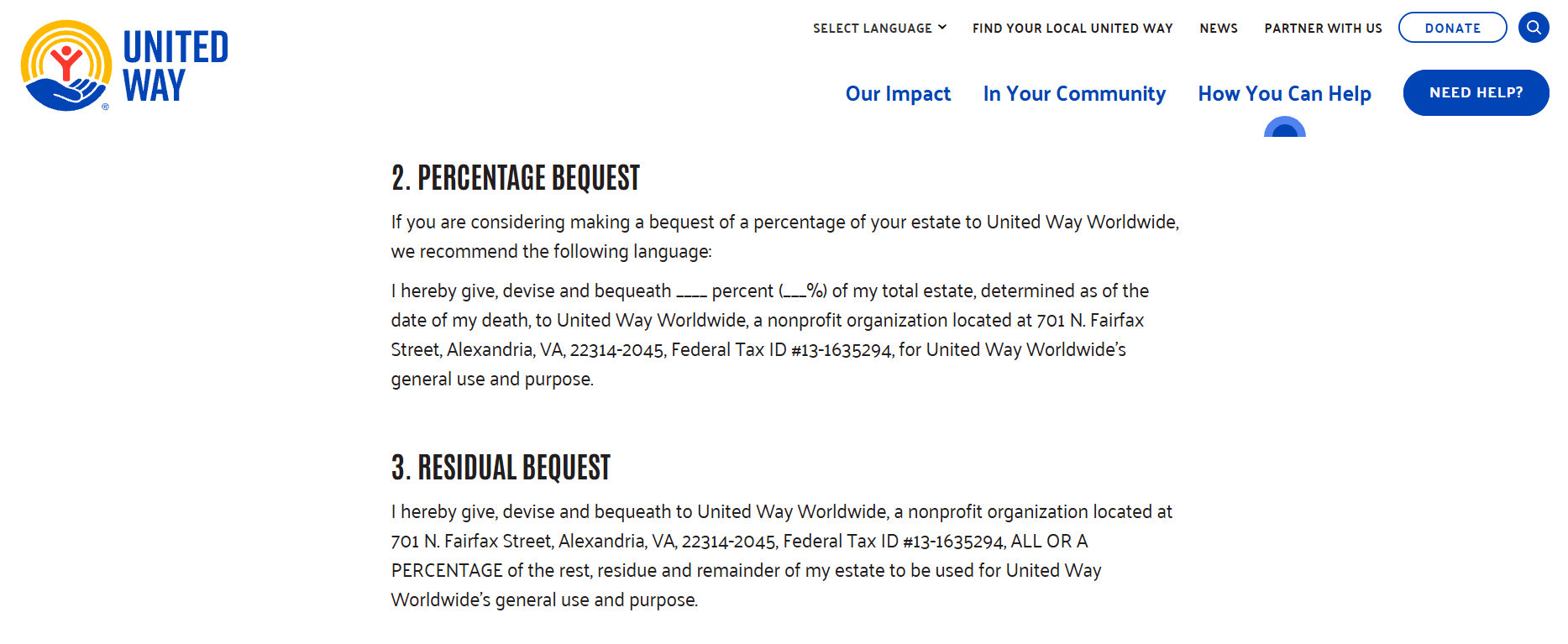 United Way webpage showing “Percentage Bequest” and “Residual Bequest” headings, sample estate gift language, and logo.