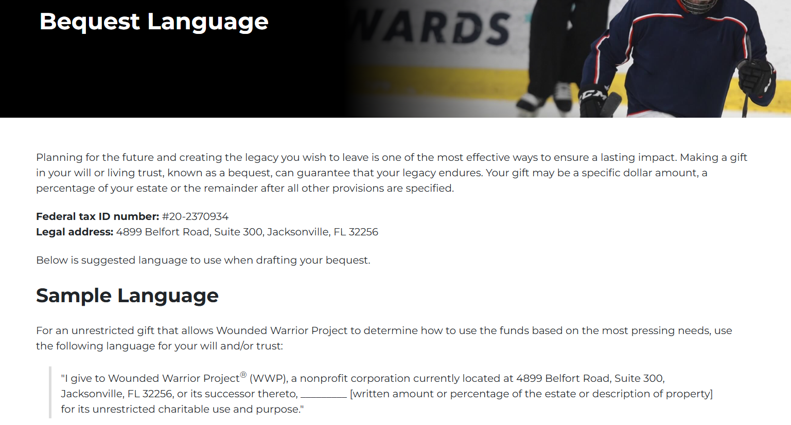 “Bequest Language” webpage with sample wording for a gift to Wounded Warrior Project and a hockey player banner.