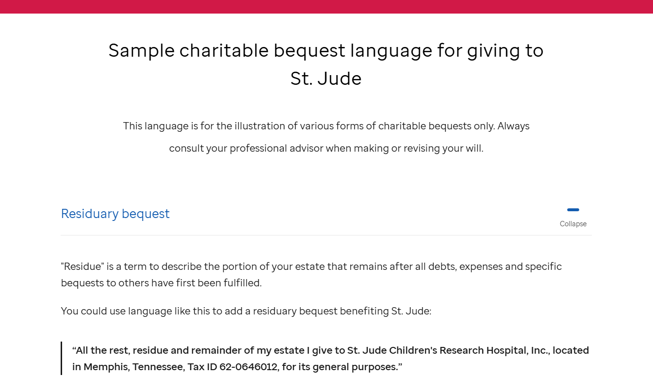 Webpage titled “Sample charitable bequest language for giving to St. Jude” with an expanded “Residuary bequest” section.