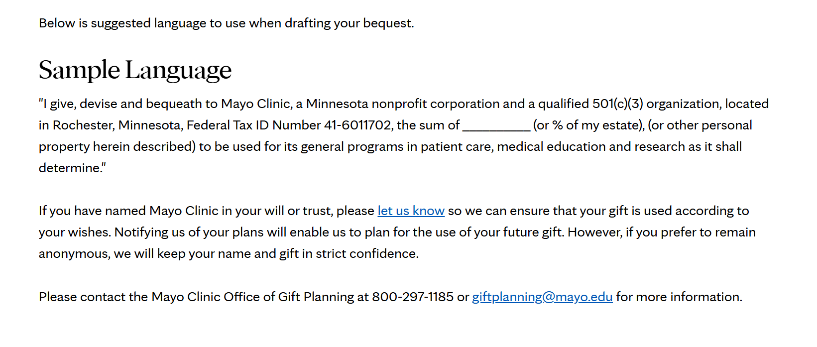 Text headed “Sample Language” provides suggested bequest wording for Mayo Clinic and gift planning contact details.